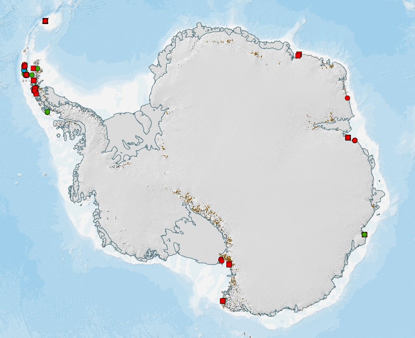 Map of Antarctica showing sites of species introductions
